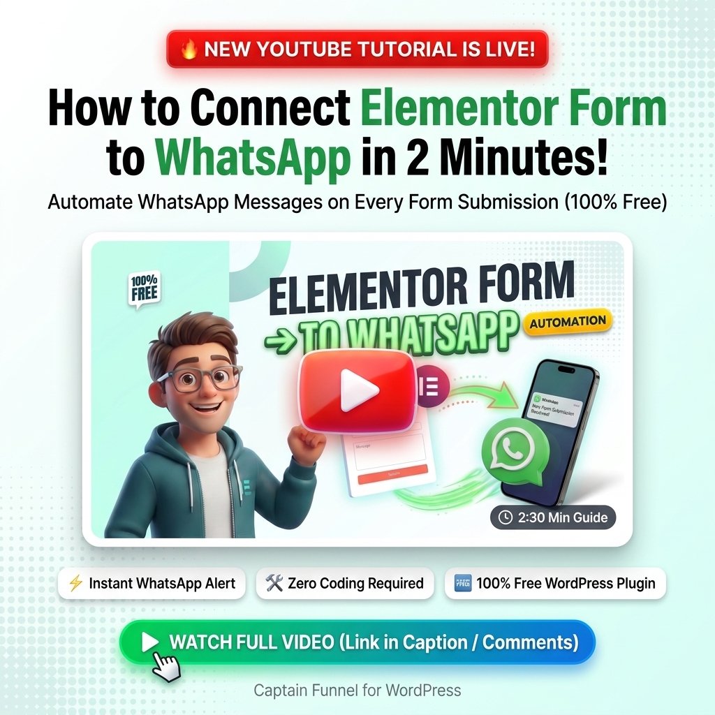 captaininfokit's tweet photo. Want to send automatic WhatsApp messages when someone submits an Elementor form? 🚀

Set it up with Captain Funnel in just 2 steps.

✅ Connect Elementor Forms &amp; choose your WhatsApp template
✅ Send messages automatically to WhatsApp

🎥 Watch the video: https://t.co/XFO7hgGi7p https://t.co/nN63arsbEL