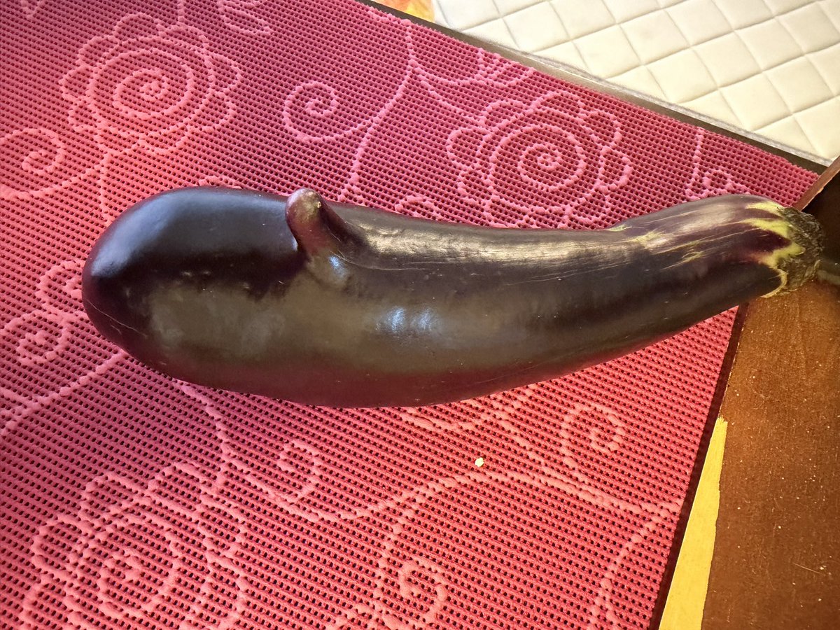 kobochan44's tweet photo. 食卓に上がった調理前の茄子
ちょっとだけお茶目な形
決してＡＩ加工はしておりません https://t.co/Q8RO7TYWFp