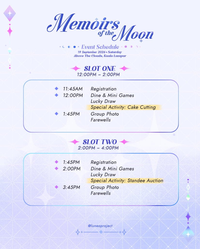 luneoproject's tweet photo. Dear Travelers,
Please find our event schedule for your reference! We can't wait to see you soon โจ๏ธ
๐ Do note, we don't allow walk-ins on the event day
.
.
.
.
.
#fanevent #faneventmy #genshinimpact #nodkrai #luneoproject https://t.co/TjUTbQDQRu
