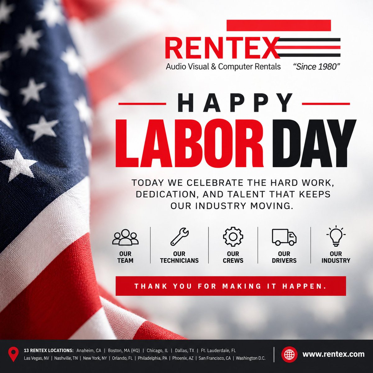 rentexrentals's tweet photo. 🇺🇸 Happy Labor Day from Rentex! 🇺🇸 

Today we’re celebrating the hardworking teams, technicians, drivers, crews, and industry pros who keep productions moving every day.

Thank you for making it happen.

#Rentex #LaborDay #AVIndustry https://t.co/Dt0OcEEapl