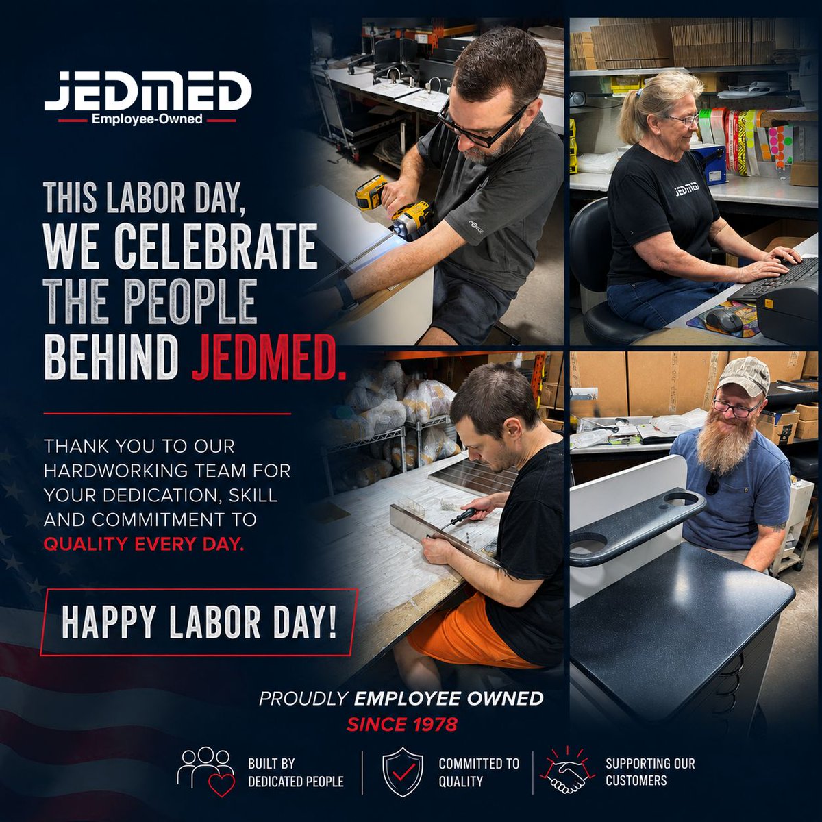 JEDMEDstl's tweet photo. This Labor Day, we’re proud to celebrate the hardworking people behind JEDMED. 

As an employee-owned company, our success is built on the dedication, skill, and commitment of our incredible team every day.

Happy Labor Day from all of us at JEDMED! 

#LaborDay #TEAMJEDMED https://t.co/z6tfr34mae