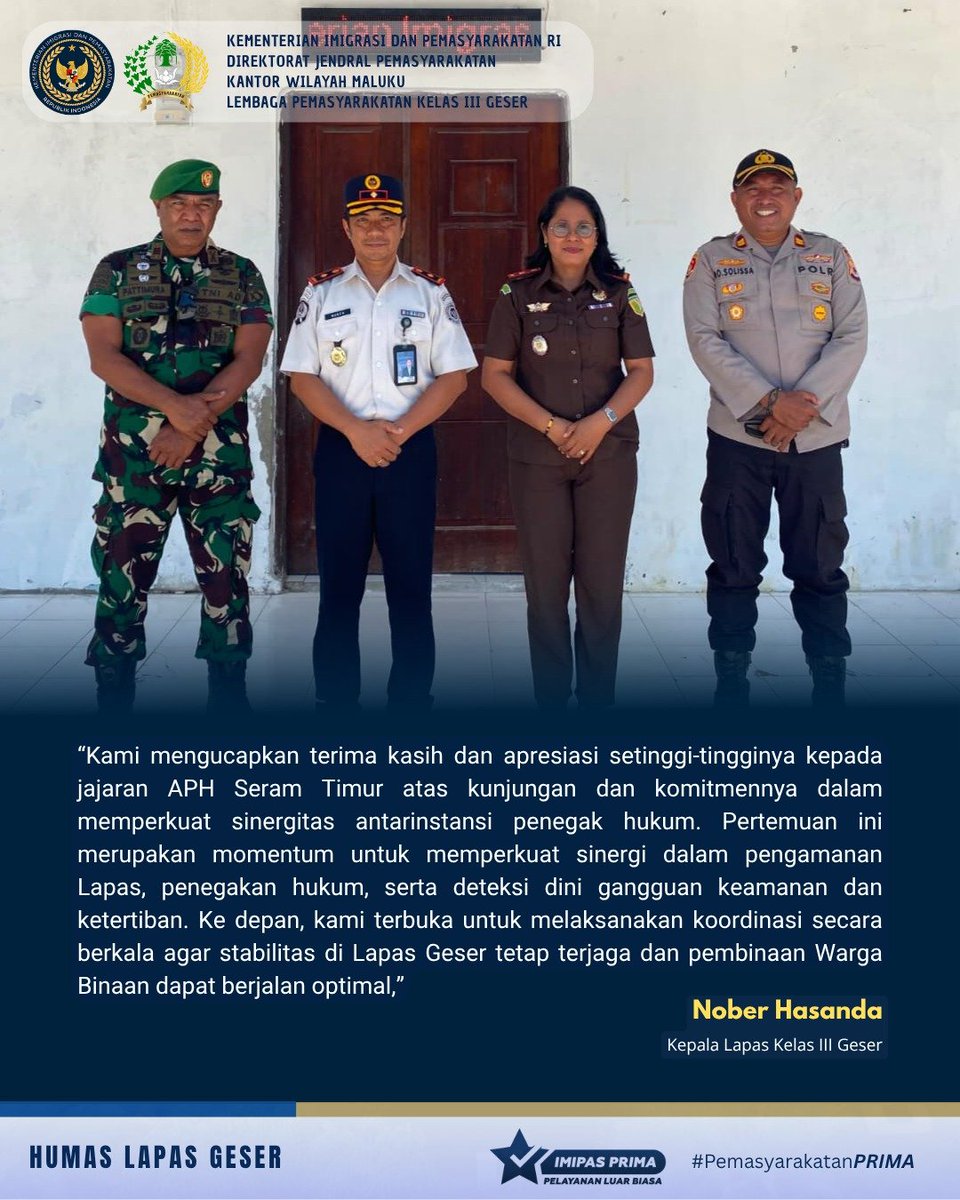 lapas_geser's tweet photo. Perkuat Sinergi Penegakan Hukum, Kalapas Geser Terima Kunjungan Pimpinan APH Seram Timur.

Selengkapnya kunjungi ⛓️‍💥👇🏻 
https://t.co/CYT88sA1bB

#Kemenimipas
#ditjenpas
#kanwilditjenpasmaluku
#kakanwilditjenpasmaluku
#rickydwibiantoro
#arika https://t.co/yqpmAQvkSq