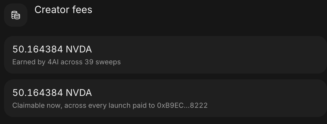 4ainet's tweet photo. ♻️ Creator fees from $4AI / $NVDA

→ buyback
→ burn

No team wallet. 
Fees from the pair go back into the token. https://t.co/4akLfsHTuw
