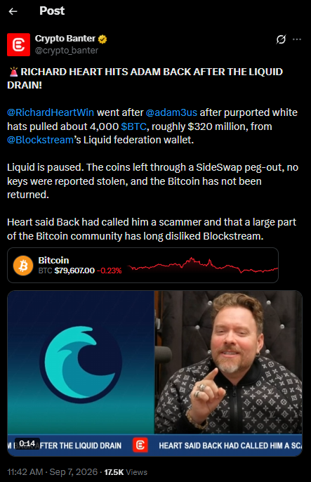 Peplord's tweet photo. Crypto Banter (440K followers) covers Richard Heart vs Adam Back following the reported $320M Blockstream Liquid drain.

#PulseChain $HEX #Pulsex #ProveX https://t.co/7PsAYeR3Cj