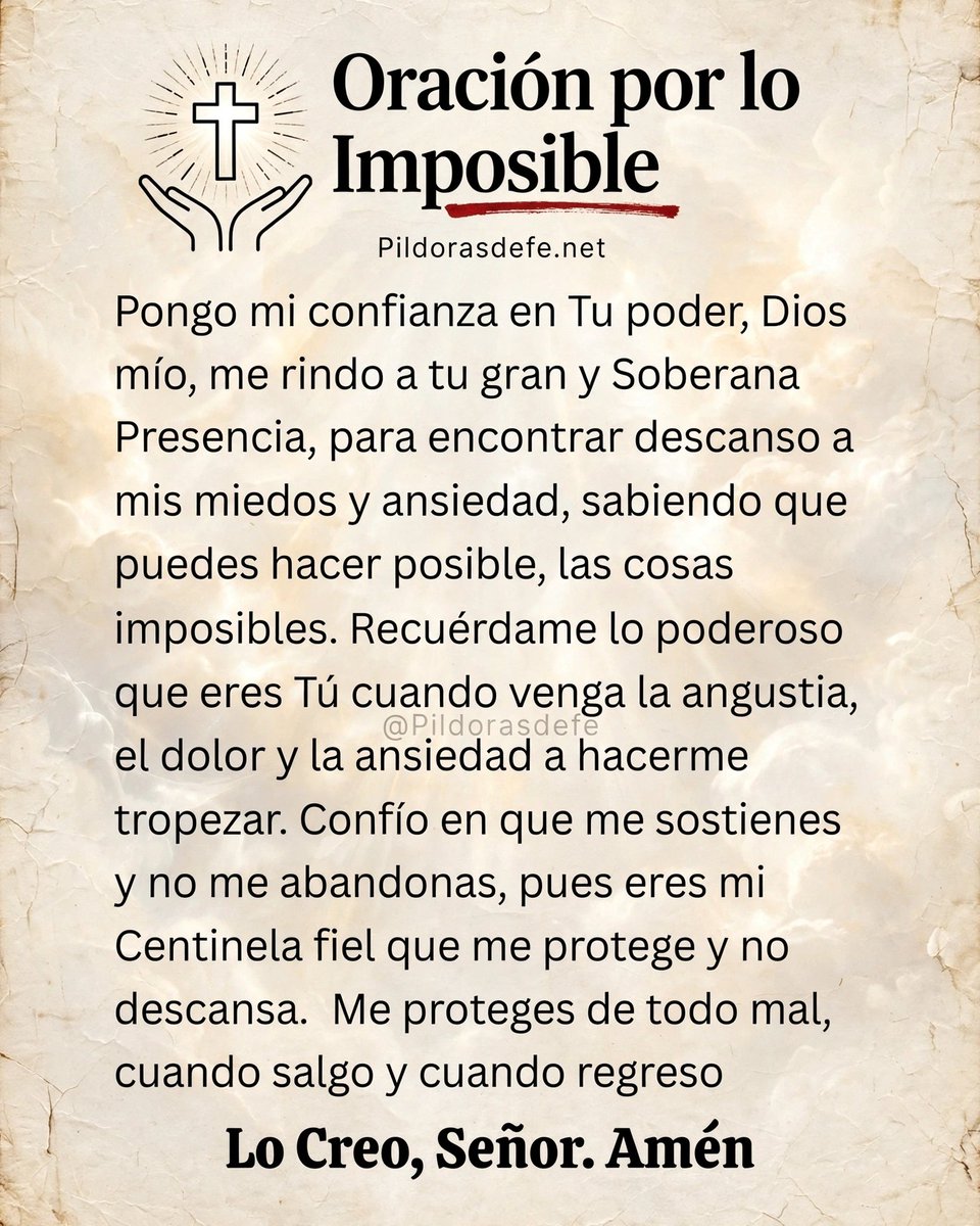 Pildorasdefe's tweet photo. Hay momentos en que sentimos que todo se nos viene encima.

El miedo, la angustia y la ansiedad quieren hacernos tropezar.

Esta oración es para esos momentos en que lo que enfrentas parece imposible a ojos humanos.

Oración 🙌
Pongo mi confianza en tu poder, Dios mío.
Te invoco no para que me quites la prueba, sino para encontrar descanso en medio de ella
Sé que Tú puedes hacer posible lo imposible, y alguna enseñanza quieres para mí en esta dificultad.
Tú eres mi centinela fiel, el que me protege cuando salgo y cuando regreso.

Amén.

¿Qué es eso que hoy te parece imposible y te gustaría poner con confianza en Sus manos?

Si deseas compartirlo, aquí nos unimos en oración unos por otros.

Lo creo, Señor. 🙏