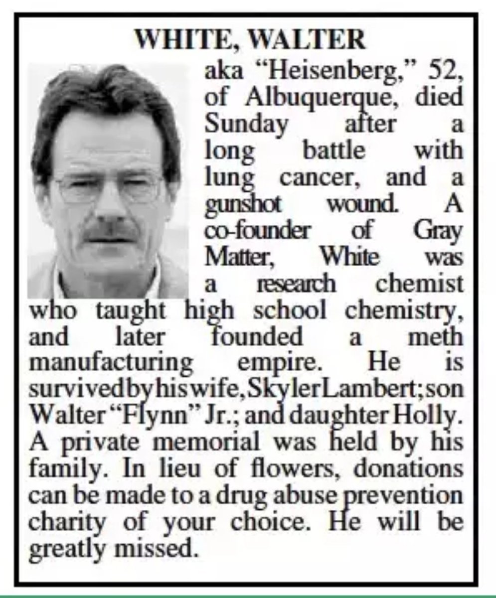 itsSaulGoodman's tweet photo. Happy birthday and RIP Walter White 
Sept 7, 1958 - Sept 7, 2010 https://t.co/3eIYKvgy4l