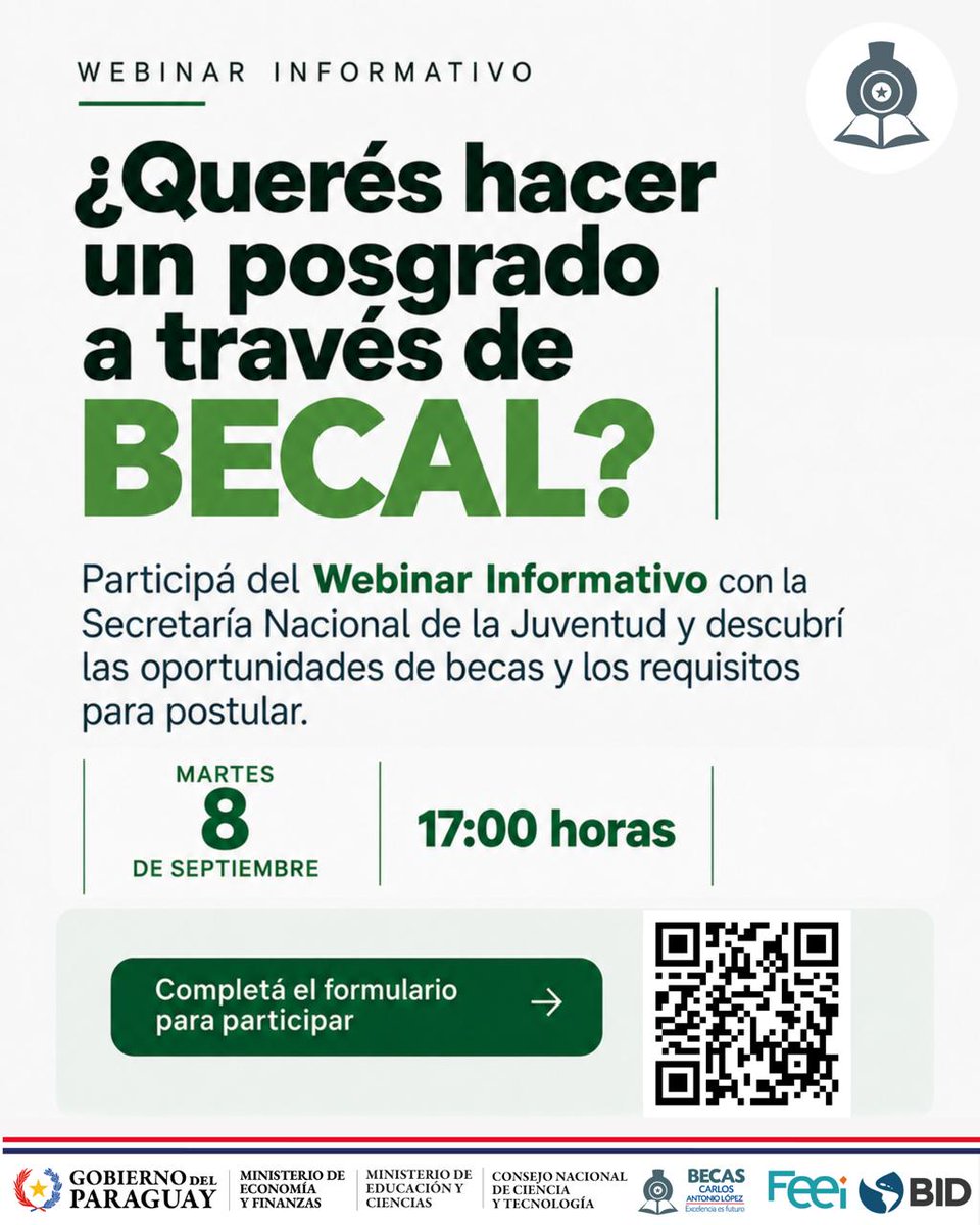 becalpy's tweet photo. 🎓¿Querés hacer en hacer un posgrado?
Te esperamos MAÑANA en el Webinar Informativo con la Secretaría Nacional de la Juventud para comentarte sobre las oportunidades de becas de #BECAL
📅 Martes 8 de septiembre
🕔 17:00 h
💻 Vía YouTube
Inscribite acá: https://t.co/zCDi3F1eAI https://t.co/BSXxSDV1PM