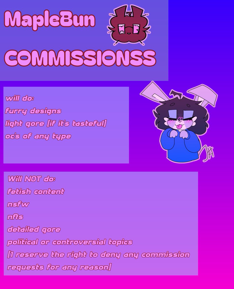 MapleBun695's tweet photo. IM OFFICIALLY OPENING COMMISSIONSS 
HERE ARE THE DETAILS 👁👅👁 https://t.co/vOMfRb0MWG