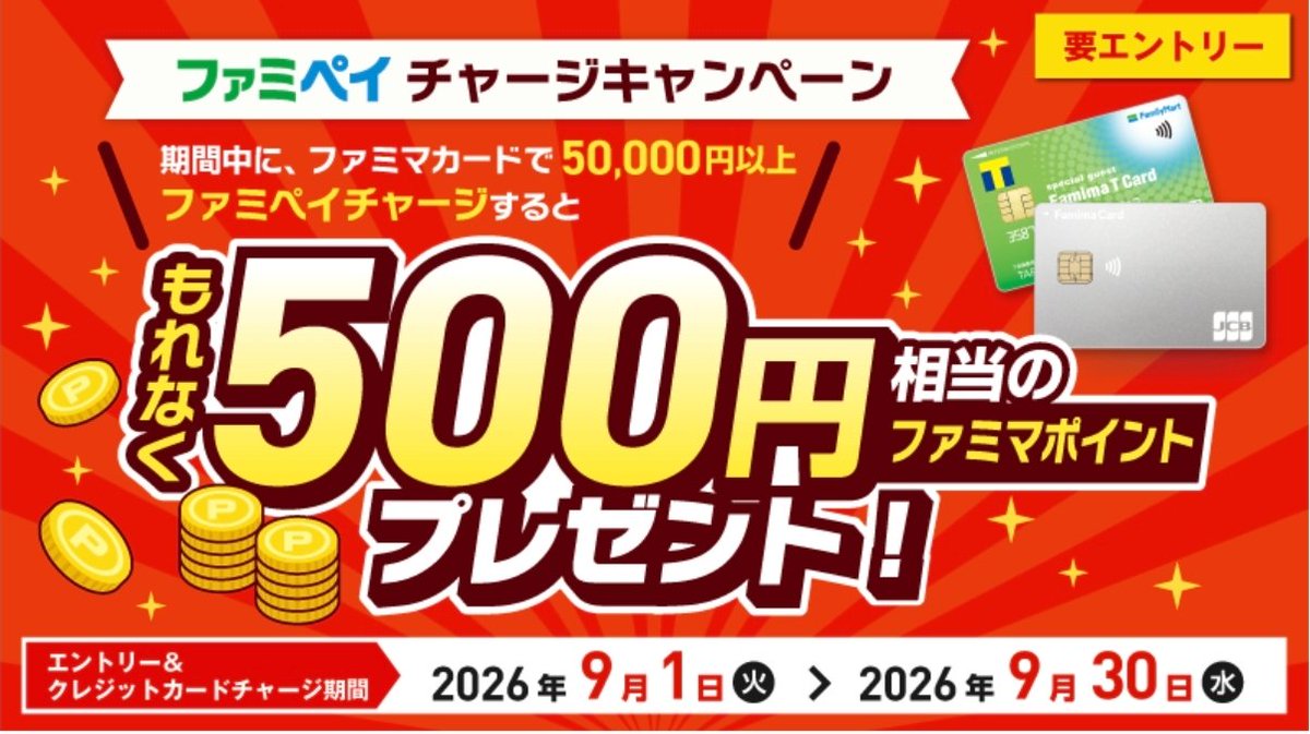 Z_otoku's tweet photo. 【5万円 (+α) チャージしました🙋】
ファミマカードの9月CP 2本
(どちらも要エントリー)

--[ 1️⃣ ファミペイ チャージCP ]--
🗓️9/1 〜 9/30
✅ファミマカードで ファミペイへ 計50,000円以上チャージ
　 ↓
もれなく 500円相当のファミマポイント💰
🔻エントリー (公式・コード2245)
https://t.co/Bl2eDAe3Rq

📝チャージ自体にも 0.5%が付きます
┗ 5万円なら 250円分 + 500円 = 750円分 (1.5%)
⚠️Apple Payでのチャージは対象外
⚠️ファミペイ連携が必要です (9/30時点)
📝進呈は11月末頃・期間限定㌽ (進呈日の5か月後の末日まで)

--[ 2️⃣ ゴーゴーキャンペーン ]--
🗓️9/1 〜 11/30
✅ファミマカードのクレジット払い 計10,000円で1口
　 ↓🎯
1等 50,000円相当 (5名)
2等 5,000円相当 (50名)
3等 500円相当 (1,000名)
(計1,055名・総額100万円相当)
🔻エントリー (公式・コード2246)
https://t.co/oYLVFOQcWz

📝チャージ分が口数になるかは 公式に明記なし
┗ ただ 対象外は「リボ手数料・キャッシング・キャンセル分」だけ
👉なので私は 対象かなと思っています

--[ 今日やったこと ]--
最近、私はコード決済系の「請求書払い用の残高」が枯渇気味です🥹
📝8/1〜 楽天ペイ残高へのお得なチャージが
月10万→1万になり、回せる枠が減ったのも大きいです💦

📝1.5%還元 + 総額100万円規模の抽選
　 この水準なら 以前の私なら参加しなかったと思います。
👉ただ 今回は 目先の請求書払いの残高が不足していたので、2つともエントリーして ファミペイに 55,121円チャージしました🙋

✅そして本日、その残高は、既存の残高と合わせて請求書払いで使い切りました😊

-----
※引用は別件宣伝です🙇
(今、強いと思います)