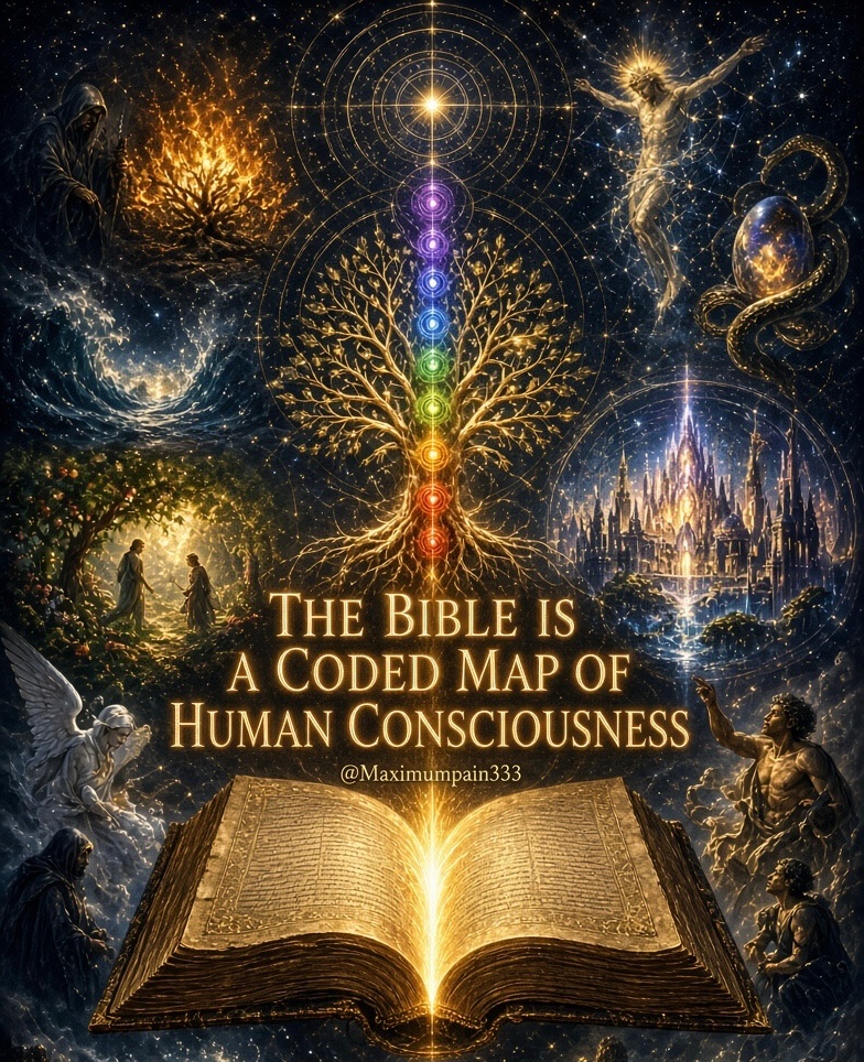 maximumpain333's tweet photo. THE BIBLE IS A CODED MAP OF HUMAN CONSCIOUSNESS

The Bible was never only a book of history or commandments. It is a living cartography of the inner worlds. Every story, every name, every number, and every veil is a coordinate. Genesis is not merely the beginning of time; it is the first stirring of awareness from the dark waters of the unconscious. The 

Garden is the original state of undivided presence. The serpent is the first flicker of self-reflection that splits the One into knower and known.

Exodus maps the soul’s escape from the Egypt of identification with form. The Red Sea is the threshold of the personal mind that must part so the deeper Self can pass. Sinai is the mountain of revelation where the finite ego stands before the infinite and receives the law written already in its own being. The wilderness is the long, necessary purification of every false identity.

The prophets speak from the interior wilderness where the voice of the Absolute still echoes. The Psalms are the raw weather of the heart as it moves through descent, lament, praise, and return. The Gospels encode the mystery of the Christ-nature: the divine spark that must be born in the manger of humility, baptized in the river of surrender, tempted in the desert of the lower self, crucified on the tree of duality, and resurrected as the living awareness that was never born and never dies.

Revelation is not a timetable of future events. It is the final unsealing of the book that was always written inside you. The seven churches are the seven centers of consciousness. The beast and the lamb are the two faces of the same power until they are reconciled. The New Jerusalem is the restored inner city where God and the soul no longer stand apart.

Read it this way and the pages stop being paper. They become a mirror. Every character is an aspect of you. Every exile is a forgetting. Every return is a remembering. The map was never hidden from you. It was hidden as you.

The codes were never meant to be solved by the intellect alone. They open only when the heart becomes still enough to hear the original Word speaking from the center of its own silence.