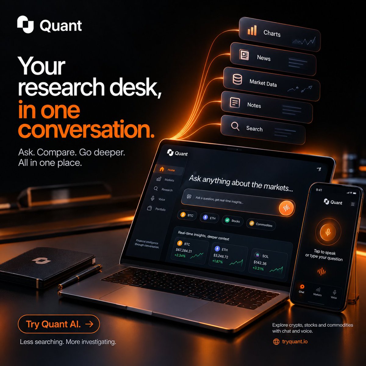YUSUFBCRYPTO's tweet photo. 🔥 Quant AI Daily Edge 🔥

Your Research Desk, in One Conversation

Crypto research can quickly turn into a 12-tab process: 

📊 Charts

📰 News

📈 Market data

🔎 Dashboards

📝 Notes

🌐 Search engines

All just to answer one question.

Quant AI @tryquantio is changing the way financial research can be done.

Instead of jumping between different tools, you can ask a question, follow up, compare markets, and dig deeper, all within one connected research flow.

For example: 

“What changed in BTC today ?”

→ “What are the main drivers ?”

→ “Compare that with ETH.”

→ “What risks should I watch next ?”

Question → Follow-up → Comparison → Insight

Less time searching.

More time understanding.

Quant AI @tryquantio brings financial intelligence into a conversational experience across crypto, stocks, and commodities, with chat and voice.

The goal is simple:

~Ask better questions.

~Understand markets better.

~Research smarter.

Explore Quant AI: 👇

https://t.co/DB8OqGx7RN

Join the Quant AI whitelist: 👇

https://t.co/r1fbHNDVM7

@tryquantio #QuantAIPioneers