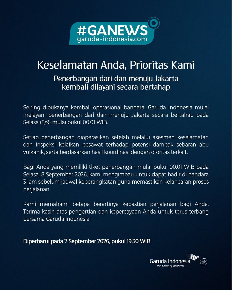 fujikaize's tweet photo. ⚠️Update: Informasi resmi dari @IndonesiaGaruda, mulai malam ini (𝗦𝗲𝗹𝗮𝘀𝗮, 𝟴 𝗦𝗲𝗽𝘁𝗲𝗺𝗯𝗲𝗿 𝟮𝟬𝟮𝟲 𝗽𝘂𝗸𝘂𝗹 𝟬𝟬.𝟬𝟭 𝗪𝗜𝗕), penerbangan maskapai Garuda Indonesia dari dan menuju Jakarta akan kembali dibuka secara bertahap. https://t.co/SjgO7YL7OY