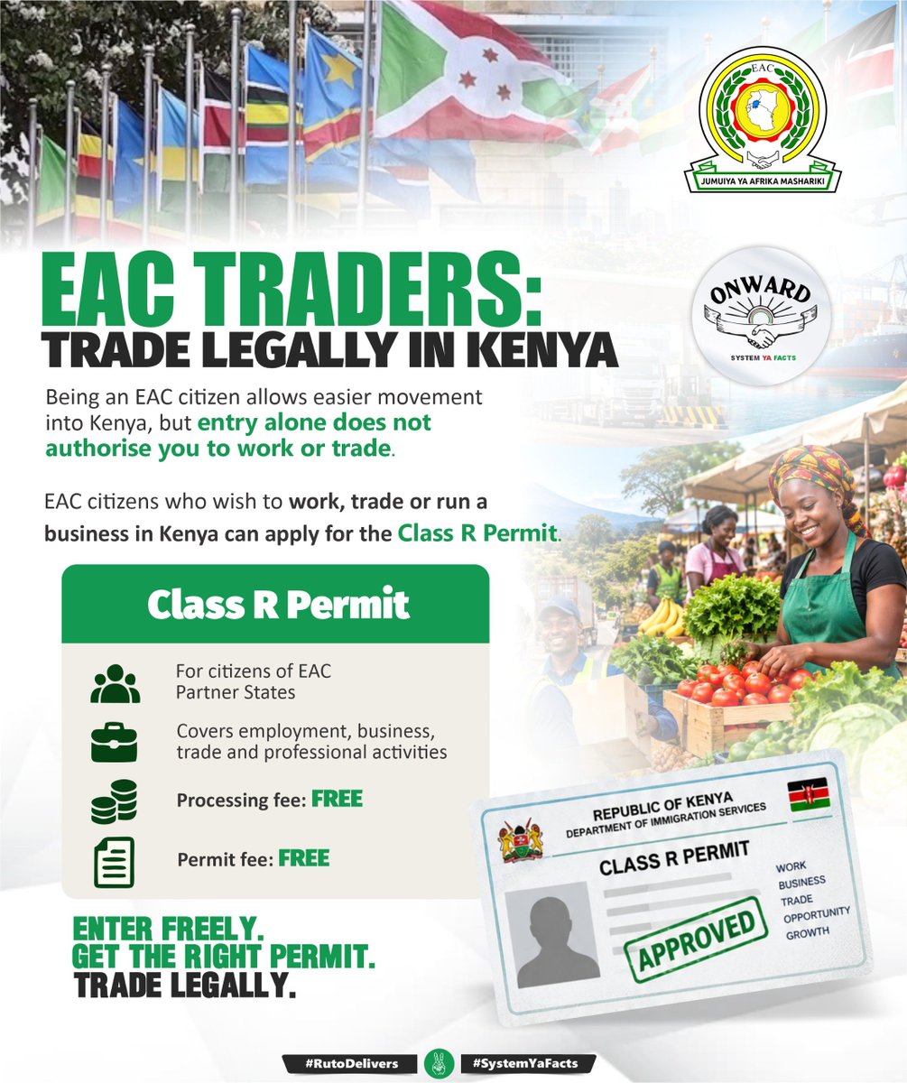 itsburberry22's tweet photo. Avoid operational risks by getting proper immigration authorization in Kenya. Class R permits for East African Community citizens are issued at zero cost. #EACSmallTradersPermit. Operate Legally InKenya. https://t.co/4Bp0tiMiny