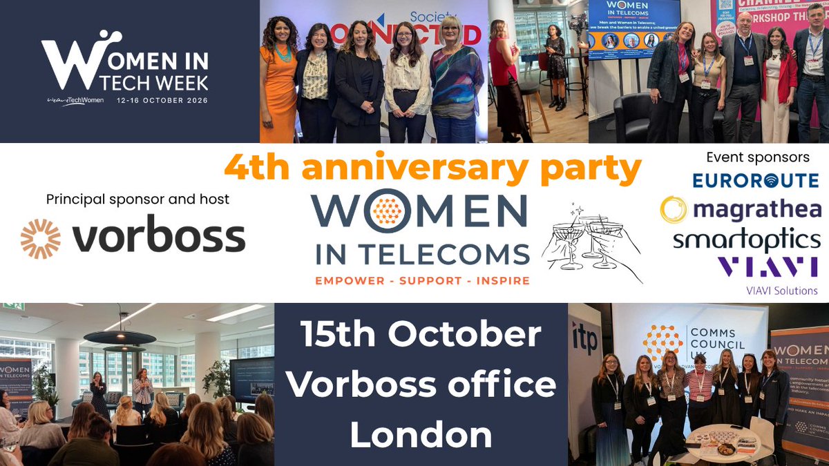 CommsCouncilUK's tweet photo. We are excited to share that the Women in Telecoms Group's 4th anniversary party is now part of #WomenInTechWeek
Join us on the afternoon of 15th October in the offices of our hosts @vorboss in central London.
Book your place at https://t.co/08VRSDBEHB https://t.co/KVdjqCgM9O