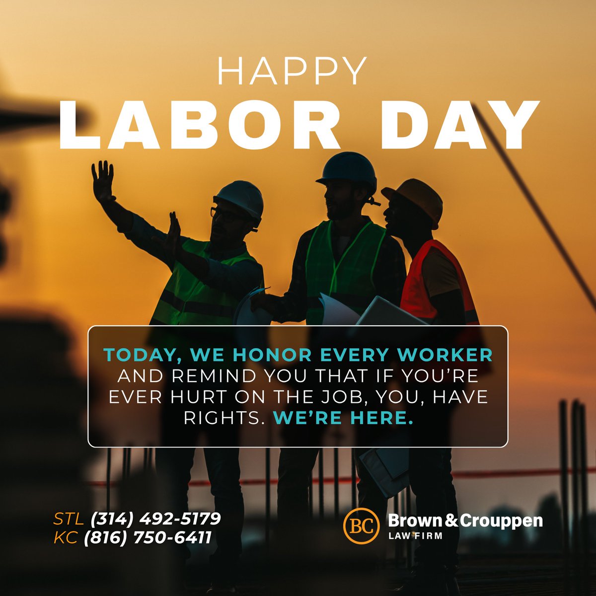 GetBC's tweet photo. Today, we honor workers who keep communities moving. Happy Labor Day from Brown &amp; Crouppen! 🇺🇸 If injured on the job, know your rights and resources. #LaborDay #BrownAndCrouppen #WorkersRights #WorkInjury #WorkersCompensation https://t.co/Fjtnr4golE