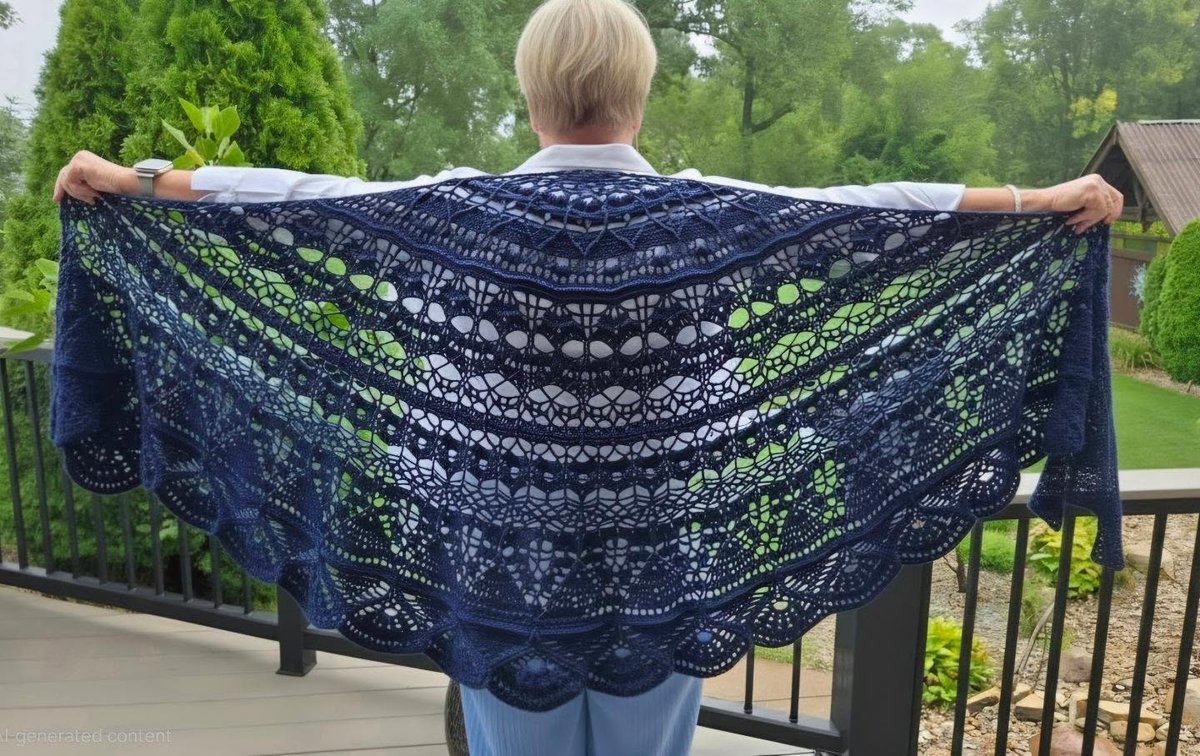 Person standing outdoors holding a large, intricate crochet navy blue shawl spread wide to display its detailed lace pattern.