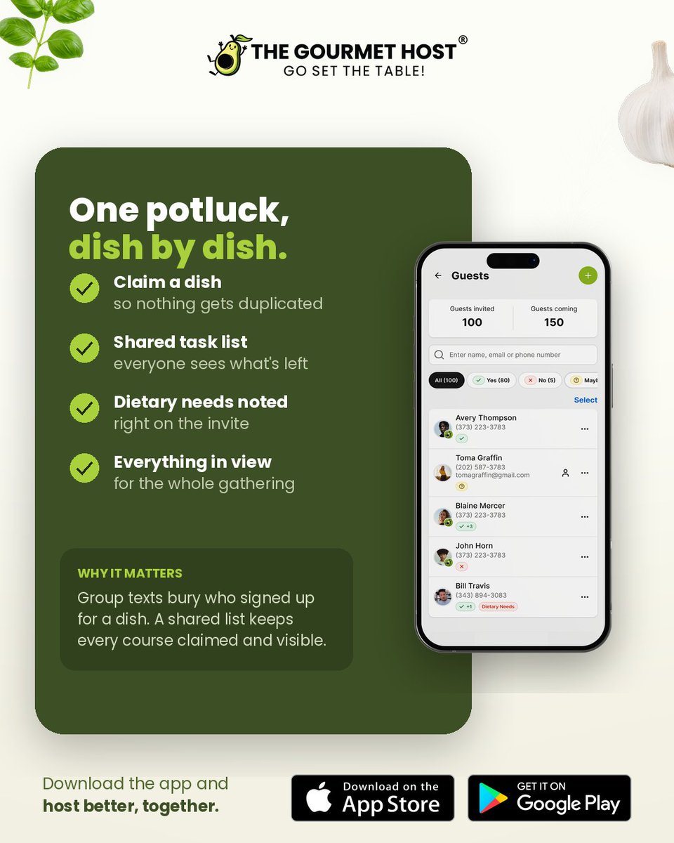 TheGourmetHost's tweet photo. A potluck falls apart when three people bring dessert and nobody brings a main. Run the sign-up in The Gourmet Host app and let everyone see what's covered.

https://t.co/TtmwKjEROG

#potluck #partyplanning #gettogether https://t.co/CqxLs8AWT2