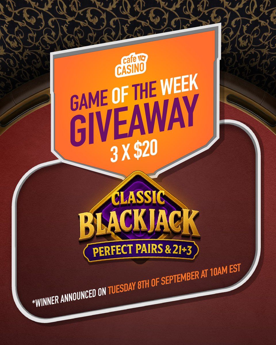 CafeCasinoLV's tweet photo. 🃏 Game of the Week just got even better - we’re giving away 3 x $20! 🎉

This week we’re spotlighting Classic Blackjack - Perfect Pairs & 21+3! 

To enter:

Follow Cafe Casino
Leave a comment & repost this post

⏰ Winners announced Tuesday, September 8 at 10AM EST.

Good luck! 🍀

Giveaway T&Cs -  https://t.co/ie1eFG8SqO 

#giveaway #win #contest #giveawayalert #gameoftheweek