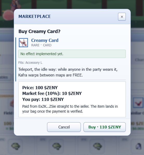 Mdext67's tweet photo. POV: you found the Creamy Card in the marketplace 💀

Price: 100 ZENY + 10% fee = 110 ZENY. No effect yet, BUT if anyone in the party wears it, Kaifa warps between maps for FREE. Teleporting the idle way fr 😭@IdleROGame https://t.co/BLhPRyNw1D