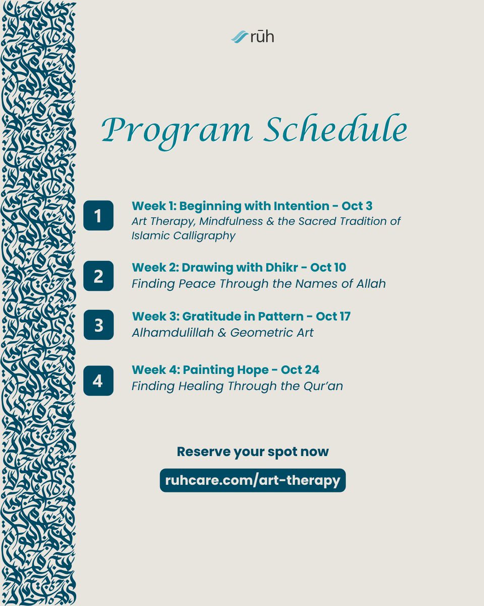 ruhcare's tweet photo. Slow down. Create with intention. Make space to reconnect.
Join us for Written Within: The Art of Presence.
Register: https://t.co/Frro0ymFYP
#RuhCare #ArtTherapy #MuslimMentalHealth #IslamicHistoryMonth https://t.co/ig0x1SX8qx