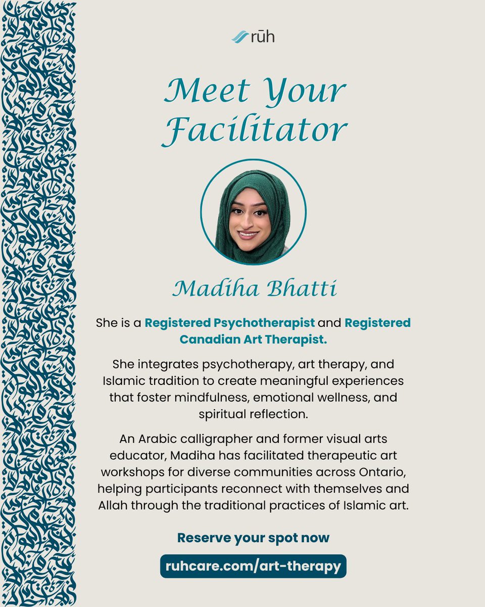 ruhcare's tweet photo. Slow down. Create with intention. Make space to reconnect.
Join us for Written Within: The Art of Presence.
Register: https://t.co/Frro0ymFYP
#RuhCare #ArtTherapy #MuslimMentalHealth #IslamicHistoryMonth https://t.co/ig0x1SX8qx