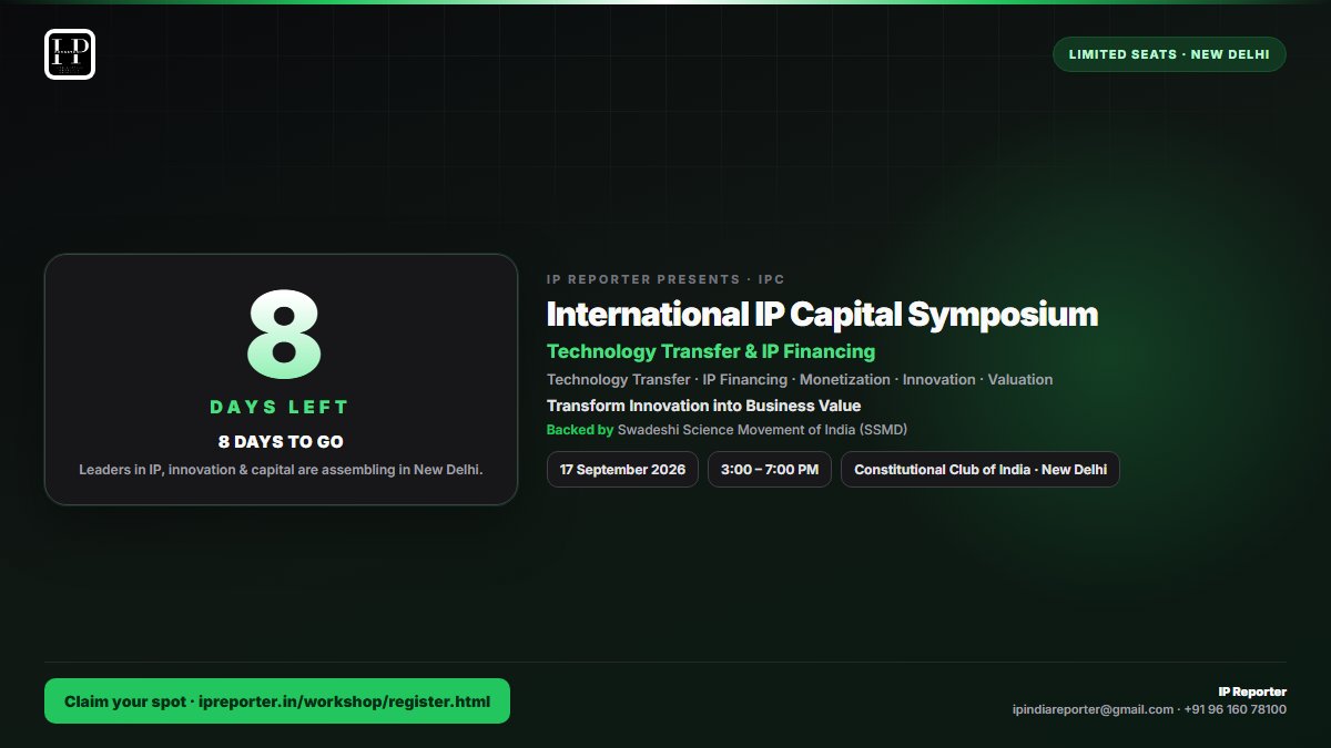 ipreporterindia's tweet photo. Every investment story begins with a question: “Where is the value?”
Sometimes, the answer is visible.
A factory.
A product.
A market.
A revenue stream.
But sometimes, the most important part of the story is less visible:
A patent. A technology. A brand. A proprietary process. A software platform.
Across India, startups, companies, universities and research institutions are creating valuable intellectual property every day.
And this raises an interesting opportunity for the investment community:
What if IP could become another lens through which investment value is understood?
An investor may look at a company and ask:
What technology does it own?
How strong is its patent position?
Can the technology be commercialised?
What licensing or royalty opportunities exist?
How defensible is the business?
And ultimately

What is the IP underpinning the business actually worth?

This is where IP meets capital.
IP Capital Symposium ON TECHNOLOGY TRANSFER & IP FINANCING
📅 17 September 2026
🕒 3:00 PM – 5:30 PM
📍 Constitutional Club of India, New Delhi
🔗 Register now: https://t.co/vS6iTQBu04

A focused discussion bringing together the worlds of:
IP × Technology Transfer × Valuation × Investment × Financing

Key areas of discussion include:
🔹 IP Valuation & Investment Assessment
🔹 Patent Strength & Competitive Positioning
🔹 Technology Commercialisation Potential
🔹 Licensing & Royalty Economics
🔹 IP Due Diligence, Ownership & FTO
🔹 IP-backed Financing Models
🔹 Risks & Opportunities for VC, Innovation & Institutional Funds
🔹 India’s Emerging IP-Financing Ecosystem
The IP investment ecosystem is still developing.
That is precisely what makes this an interesting time to understand it.
The opportunity may not simply be in investing in businesses that create IP—but in understanding the IP that creates, protects and potentially unlocks value within those businesses.
As intellectual property becomes increasingly connected with technology transfer, commercialisation, investment and financing, understanding this intersection early could become a strategic advantage.

Explore the emerging intersection of IP and capital before it becomes mainstream.