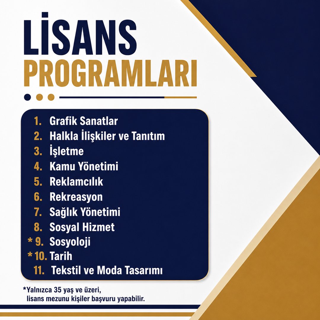 ATA_AOF's tweet photo. 🎓 ATA-AÖF’te Sınavsız İkinci Üniversite Kayıtları Devam Ediyor!

Eğitimde Kalite Arayanların Tercihi ATA-AÖF

Yükseköğretimde ikinci bir programa devam etmek isteyenler, Sınavsız İkinci Üniversite kapsamında ATA-AÖF programlarına kayıt yaptırabilir.

🔹 Herhangi bir önlisans programında öğrenim gören, yeni kayıt yaptıran veya mezun olanlar, Fakültemizin önlisans programlarından birini,

🔹 Herhangi bir lisans programında öğrenim gören, yeni kayıt yaptıran veya mezun olanlar ise Fakültemizin önlisans veya lisans programlarından birini tercih edebilir.

Başvuru süreci ön kayıt ve materyal ücretinin ödenmesiyle gerçekleştirilen kesin kayıt aşamalarından oluşmaktadır.

📌 Sınavsız İkinci Üniversite kayıt işlemlerinizi 25 Ekim 2026 tarihine kadar tamamlayabilirsiniz.

Ön Kayıt:
https://t.co/l4XEzc6qm9

#ATAAÖF #AçıkveUzaktanÖğretimFakültesi #İkinciÜniversite
ATA-AÖF'ün Tüm Sosyal Medya Hesapları Tek Linkte
https://t.co/itn5hTP6C9