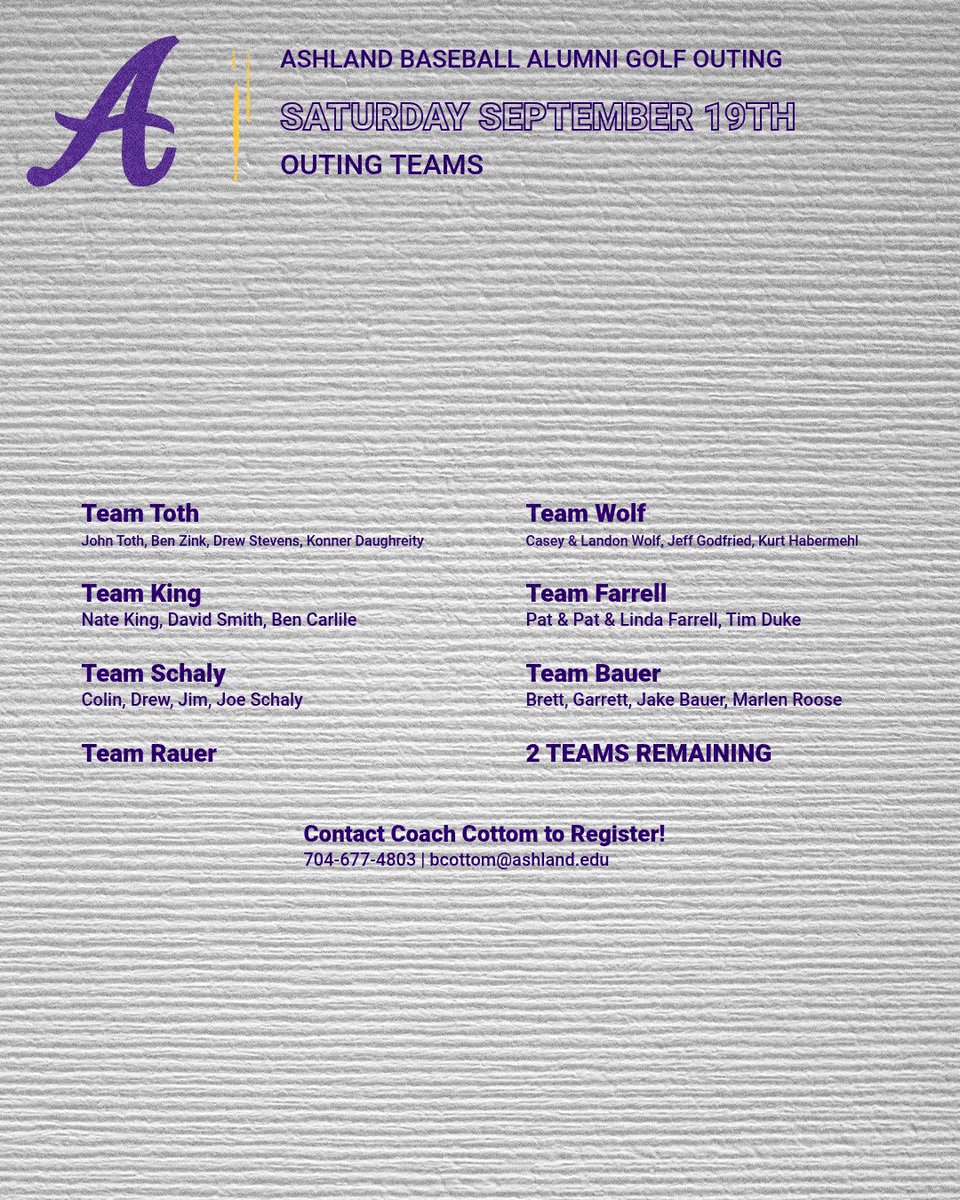 ashland_base's tweet photo. Two Teams are still available for the Golf Outing on September 19th!

Contact Coach Cottom to Register 
704-677-4803 | bcottom@ashland.edu https://t.co/rMN1UlUIU2