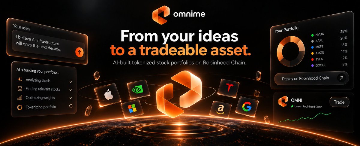omnimeai's tweet photo. One stock is a position. Multiple stocks can express a bigger idea. Omnime uses AI to turn your thesis into a weighted basket of tokenized stocks, built on Robinhood Chain. https://t.co/ki6K6I2ibP
