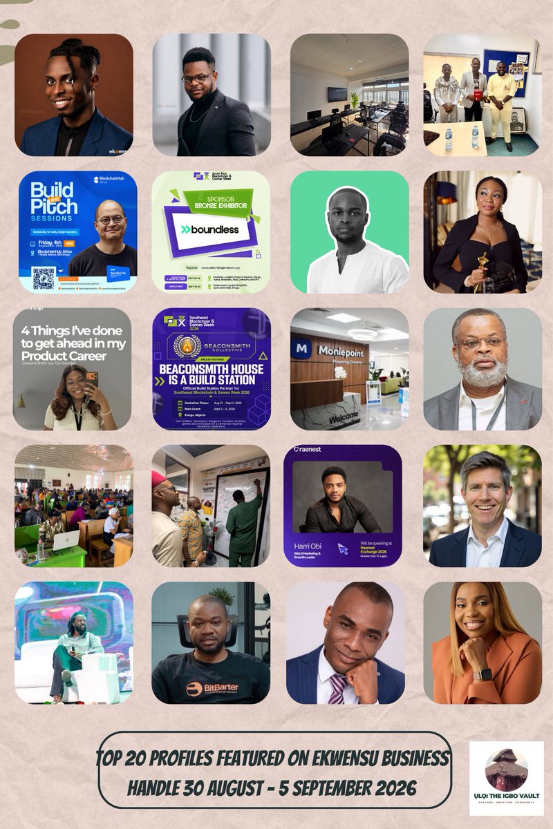 Uloigbovault's tweet photo. TOP 20 PROFILES FEATURED ON EKWENSU BUSINESS HANDLE 30 AUGUST -  5 SEPTEMBER 2026

1. Ndubuisi John Obirije, co-founder & CTO of YC-backed fintech Afriex, is giving away 2 Founder Access Tickets to #OffChartNXT in Port Harcourt. @startupsouthng @easyjohn2 @afriexapp. The event, organised by StartupSouth, is scheduled for October 22–23, 2026 in Port Harcourt, Nigeria.   It's designed for those who believe Africa's next wave of innovation will come from emerging ecosystems, not just the usual hubs.

2. Two Abia-born founders - Philip Theophilus(CEO) and Austin Chukwuebuka Ahamba (COO)
@austyyngreat, are building CareSync from Abuja, Nigeria. Their first real-world pilot is underway at Ophil Care, an Abuja renal/dialysis, and healthcare clinic founded by @Mykelfil.

3. RiseVest Academy is expanding its software training programme to Enugu. @eldivine co-founder and CEO of RiseVest, announced that the Enugu SME Center and Arinze Chilo-Offiah have provided a physical space for RiseVest Academy to run in-person training sessions in the city. This means RiseVest Academy now has physical locations in Lagos, Port Harcourt, and Enugu.  They'll run physical trainings from here in addition to the virtual program that will continue to run online.

4. The team behind Ginakev Labs, @Official_GIDA and The Block Hive, led by founder - Kevin Chibuoyim, visited MTN Nigeria’s South-East regional headquarters for a strategic meeting. The conversation included areas of collaboration and the upcoming Southeast Blockchain & Games Week.

5. @blockhubafrica hosted the first edition of Build & Pitch Sessions in Enugu, Sept 4, 2026 - an exclusive session for early-stage founders building across frontier tech. Venture Partner See Eun Ha of Lava VC will speak, mentor founders & hear pitches.

6. @boundless_fi, an Abuja-based Web3 collaboration and funding platform built on the Stellar blockchain, has been announced as a sponsor and exhibitor for the Southeast Blockchain & Games Week 2026.

7. Nigerian card-issuing fintech Allawee, founded by Ikenna Enenwali (CEO) and Oreofe Olurin in 2022 is shutting down its account services from Dec 1, 2026 - after Paystack quietly acquired the fintech in 2025.  Paystack is absorbing @allaweehq card infrastructure into its ecosystem.

8. Obiageli Okafor became the first African woman to win the Women in Telecoms Champion award, UK 2026. Before relocating to the UK. @ObiiOkafor1
had built a diverse career - as a poet, shoemaker & product manager, leading technology products & partnerships across Nigeria and Dubai.

9. Obiageli is the founder of @PmhelpCo
- a non-profit organisation dedicated to helping professionals build careers in technology. Through mentoring, education, and career development programmes, PMHelp has supported more than 52,000 people across over 70 countries.

10. @thebeaconsmith has been announced as an official Build Station for the Southeast Blockchain & Games Week 2026. This means Beaconsmith House now has a base to build, collaborate, connect, and participate in bringing the global Web3 conversation to Enugu's doorstep.  

11. @moniepoint is phasing out @MonieWorldapp
, its UK remittance business. The company says it is redirecting capital & resources toward its core African markets, particularly Nigeria & Kenya.  

12. @ChifeDr has left Apple to found Socketworks Ltd and SW Global, with financing from the International Finance Corporation (IFC). The companies contributed to digital platforms used by Nigerian government agencies and institutions across Africa and Asia.  

13. @thebeaconsmith of @thebeaconsmith Collective has concluded a 2-day AI productivity workshop at the Faculty of Social Sciences, UNN, covering research, teaching, supervision, grants & administration. 3 more faculties and a university have already reached out for similar training.  

14. @kevin_chibuoyim took the Dean and a lecturer from the Faculty of Social Sciences on a tour of
@theblock_hive where they met with its founder, Okoye Kevin Chibuoyim - connecting academia with UNN's tech ecosystem.  

15. @Harri_obi Co-Lead of SuperteamNG, the man who helped position Nigeria as 1st in Africa and 6th largest Globally for  Solana developer activity, has been announced as a speaker at Raenest Exchange 2026.  

16. Terra Industries, has appointed former Palantir, and WHOOP executive @ToddStiefler
as its new Director of Commercial. The division will target companies that own power plants, pipelines, ports, refineries across Africa, Gulf, South America, South Asia.  

17. @paycrest wants to make sending and receiving money across different African countries easier.  Founded in 2024 by @stchibie and Francis Ocholi, the Nigerian-founded fintech headquartered in San Francisco is building a network that bridges stablecoins and fiat currencies.  

18. @etienneokeke and Ndubuisi Samuel (CTO) founded BitBarter. @TheBitbarter is a Nigerian multi-asset digital wallet enabled by a peer-to-peer marketplace. It offers financial services to Africans and the global capital market.  

19. @palmpay_ng is reportedly seeking $150–200 million in fresh funding at a valuation above $1 billion, paving the way for a potential Hong Kong IPO. Chika Nwosu is the MD & CEO of PalmPay Nigeria, heading local operations and driving the platform's ongoing market expansion since 2021.  

20. In July 2026, Nigeria's largest electricity distribution company @IkejaElectric - appointed Ogochukwu Onyelucheya as Acting CEO.  The company serves 1.3 million customers, deployed over 830,000 smart meters across its network, first Nigerian Disco to get triple ISO certification.

📸/Cc: @ekwensubusiness