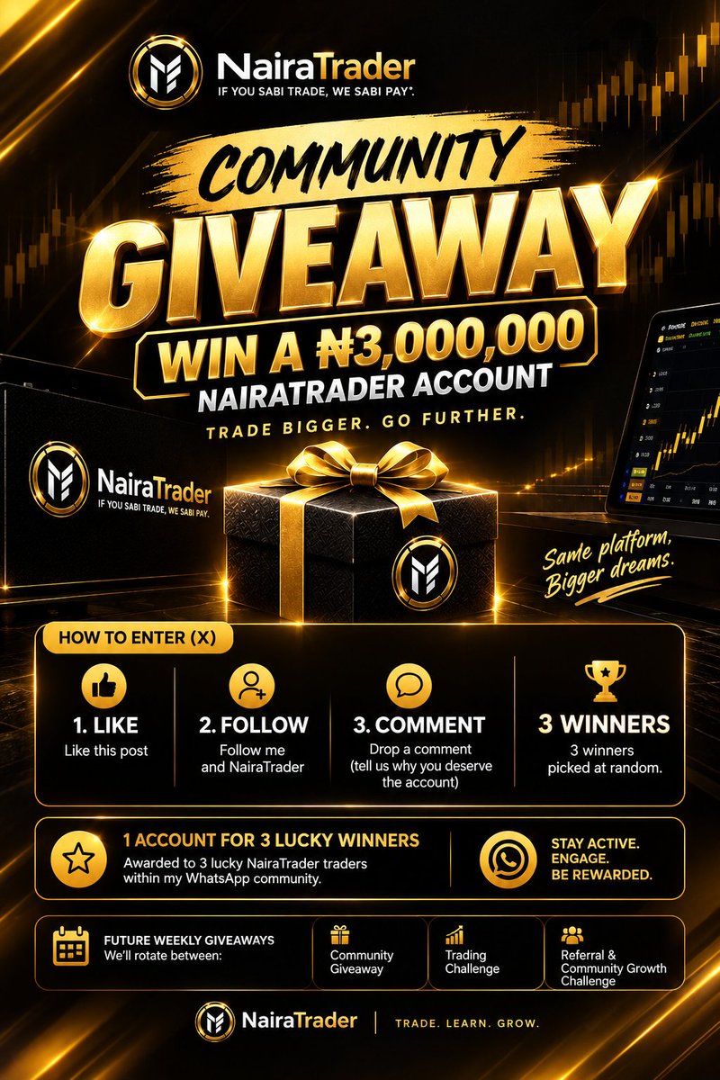 theajayidaniel's tweet photo. 🚨 **₦9M NAIRATRADER ACCOUNT GIVEAWAY!** 🚨

3 traders. ₦3M account each. 🔥

To enter:
✅ Like post + Follow me
✅ Follow @naira_trader 
✅ Comment **“why you love NairaTrader”**

3 random winners🎁

RT + tag a trader that needs to see this 🚀

use link in bio to signup https://t.co/w9Z1Je6t2N