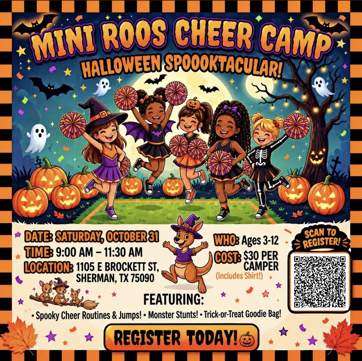 A_C_Cheer's tweet photo. The Mini Roos Cheer Camp is BACK 🖤🦘Scan the QR Code to register for the camp held on October 31st! 🎃 The Mini Roos will receive a t-shirt, a goody bag 🍬 and perform at halftime at the AC football game at 1pm on the same day 💃 sign up today! https://t.co/w5eqdKVUGX
