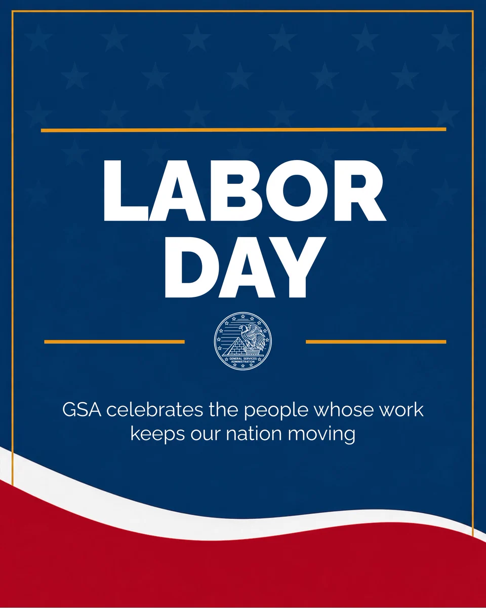 Bold white text reading 'LABOR DAY' on a blue background with subtle stars and a red and white wave at the bottom, honoring workers who keep the nation moving.