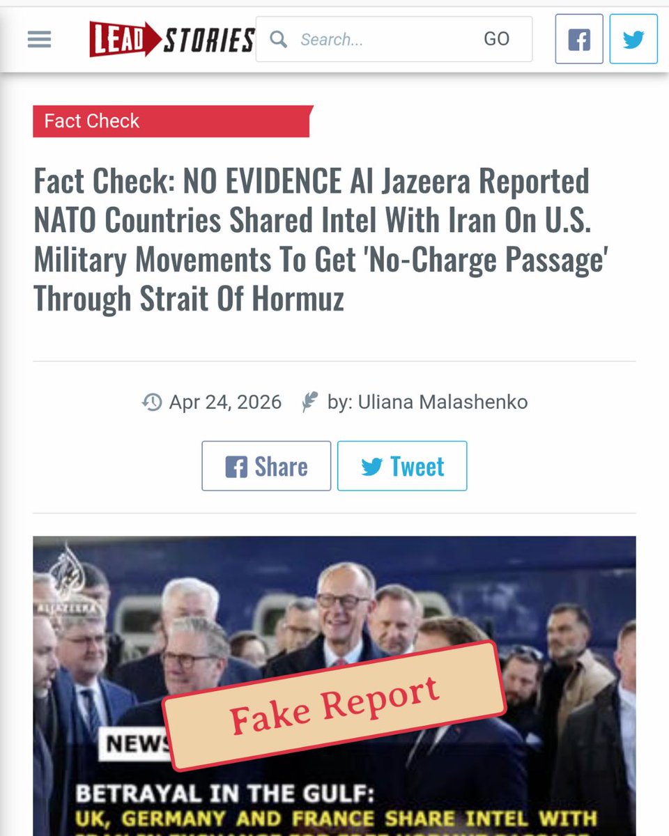 UKRfactcheck's tweet photo. Lead Stories:
This 'Al Jazeera news clip' is a fake. The media outlet has not reported that NATO countries shared intel on US force movements with Iran.

The video clip posted as an Al Jazeera story is a forgery, with AI-generated voiceover. https://t.co/Z5CukcuVmE