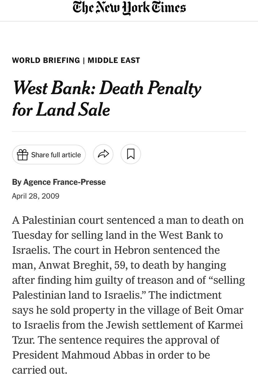 CptAllenHistory's tweet photo. A Jew wants to sell land to a Palestinian? No problem.
A Palestinian wants to sell land to a Jew? The penalty is death.

In April 2009, a Palestinian Authority military court sentenced Anwar Brigith, 59, to death by hanging. His crime? Selling land to Jews.

Three PA security-officer judges used laws that forbid sale to “the enemy.” The decision was unanimous with no option to appeal. The property was confiscated, and the sentence needed Mahmoud Abbas’s signature.

The PA’s chief Islamic judge had just issued another fatwa banning sale of land or houses to Jews. Hatem Abdel Kader, a Fatah legislator from Jerusalem, told the Jerusalem Post he fully supported the death sentence against “traitors” who sell land to Jews and wanted more of them.

Official hangings have been rare. The usual enforcement is quieter: kidnapping, torture, and murder. The sentence is the point: any Jewish title anywhere in the Land is treated as an existential crime.

Jews spent a century buying land, often at inflated prices, from willing Arab sellers. The Palestinian Authority made the transaction itself a capital offense.

A movement that kills its own people for a bill of sale is not arguing about a border. It is enforcing a principle against any Jewish land ownership.