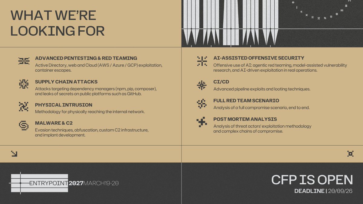 Entrypoint_fr's tweet photo. ๐ฅ What are you bringing to #Entrypoint?
New technique? Tool release? Real-world compromise? Deep technical offensive security talk?
๐ค CFP closes 20 September.
๐
19-20 March 2027 | ๐ Paris
โก๏ธ https://t.co/gwUfqnNyql https://t.co/3YQxC0H8UY