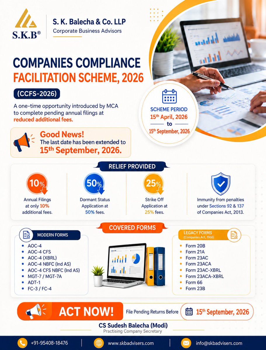 cssudesh's tweet photo. 🚨 Companies with pending ROC/MCA filings — take note.

The CCFS-2026 deadline has been extended to
📅 15th September 2026

Don’t wait until the last day.
📩 DM “CCFS” if you want help reviewing your pending filings.

#CCFS2026 #MCA #ROCCompliance #CompanyCompliance https://t.co/VKBjW0xG4F