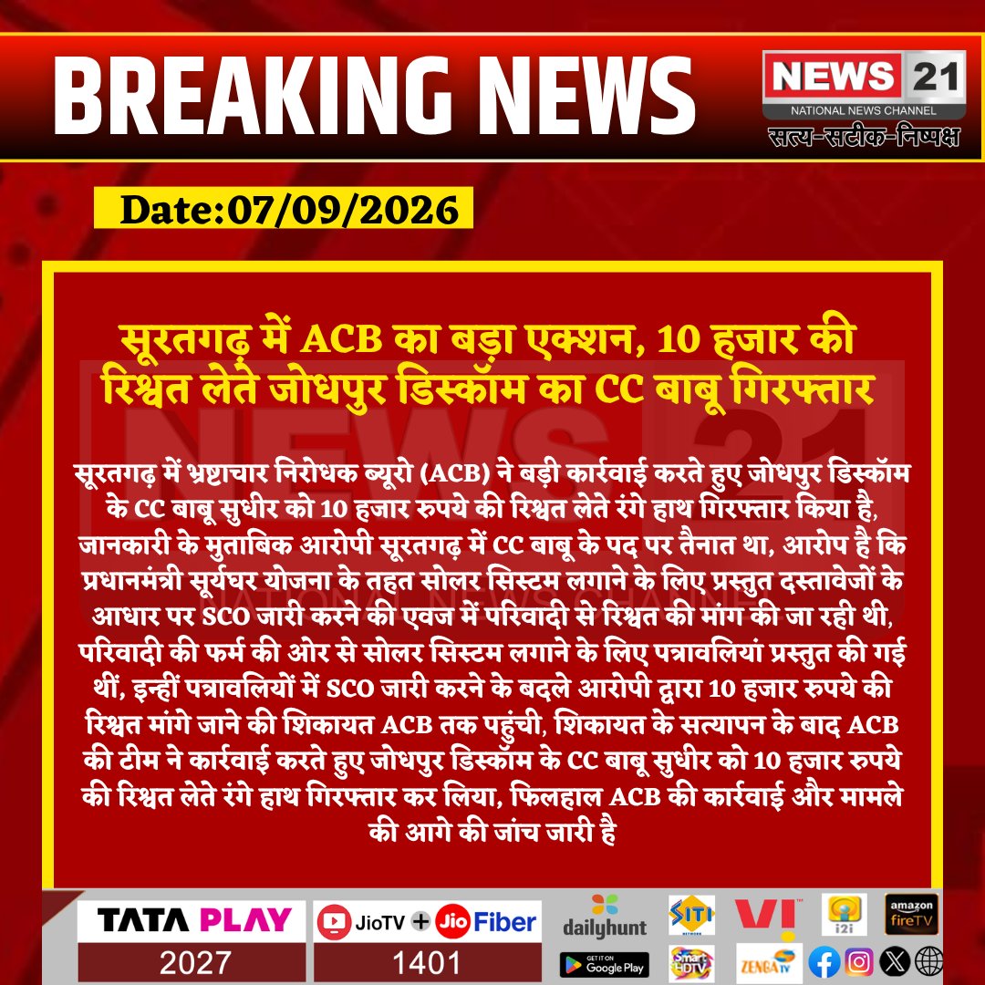 news21national's tweet photo. सूरतगढ़ में ACB का बड़ा एक्शन, 10 हजार की रिश्वत लेते जोधपुर डिस्कॉम का CC बाबू गिरफ्तार

#Sriganganagar #Suratgarh #ACB #ACBRajasthan #ACBAction #BriberyCase #Bribe #Corruption #JodhpurDiscom #Discom #Sudhir #SolarScheme #PMSuryaGharYojana #SuryaGharYojana #SolarSystem  #CrimeNews #AntiCorruption #SCO #SuratgarhNews #SriganganagarNews @PoliceRajasthan  @RajPoliceHelp  @RajGovOfficial  @JVVNLCCare