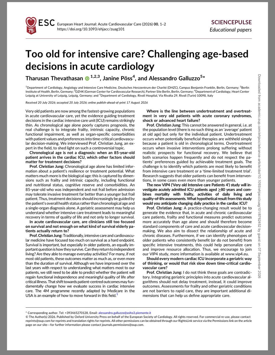 DrCriticalCare's tweet photo. !!CAMBIO DE PARADIGMA!!
Demasiado viejo como para beneficiarse de la UCI !!!
✅ La edad cronológica no debe utilizarse como criterio de ingreso a UCI 

Por ello, la decisión debería integrar:

✅ Fragilidad
✅ Capacidad intrínseca
✅ Estado funcional previo
✅ Estado nutricional
✅ Reserva cognitiva
✅ Comorbilidades
✅ Independencia para actividades de la vida diaria
✅ Valores y preferencias del paciente