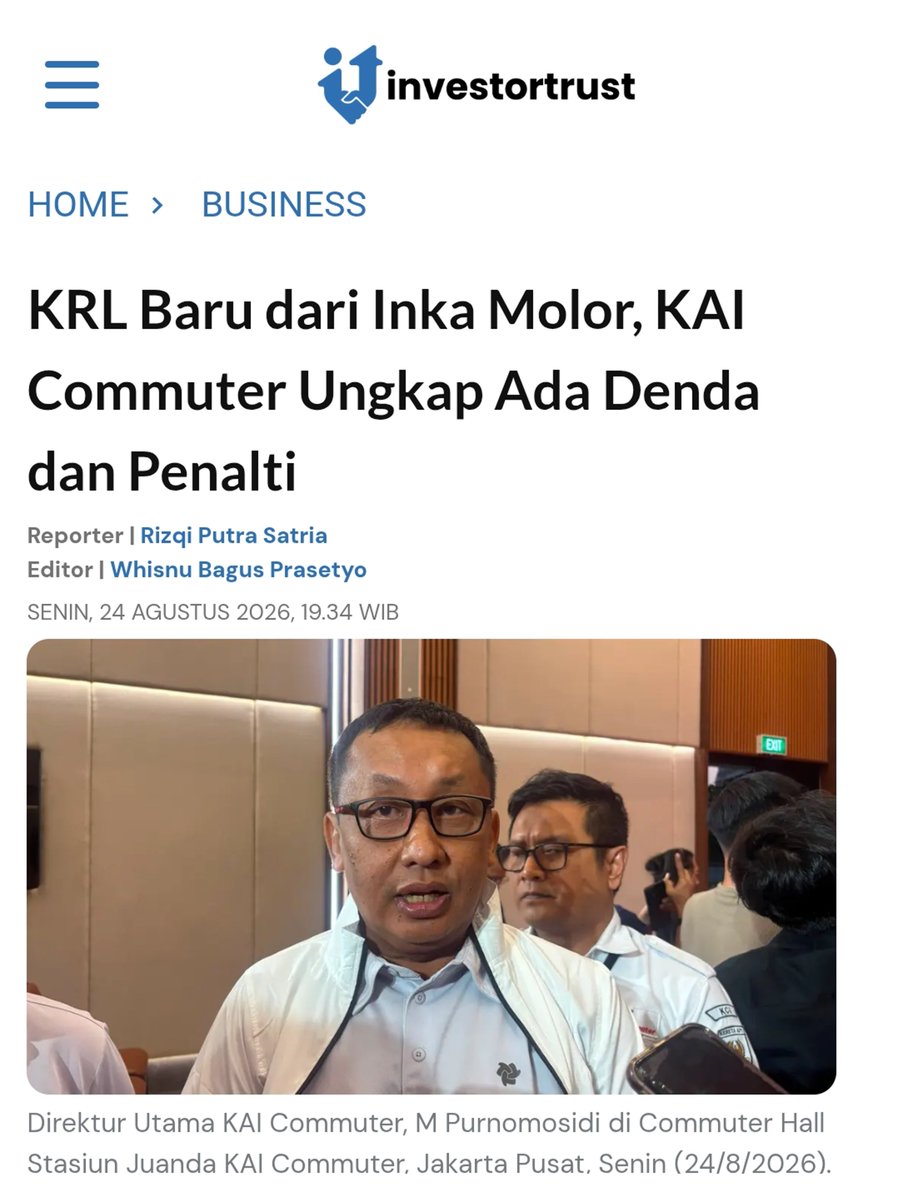 txttransportasi's tweet photo. PT Kereta Commuter Indonesia (KCI) terus memantau perkembangan pengadaan 16 trainset KRL baru dan penyelesaian retrofit 2 trainset KRL yang dikerjakan PT Industri Kereta Api (Persero) atau INKA.

1 dari 2 trainset KRL yang diretrofit ditargetkan selesai pada 2026. Selain itu KCI juga masih menunggu sisa penyelesaian 9 trainset KRL baru.

KCI memastikan terdapat konsekuensi kontraktual apabila target yang telah disepakati dalam kontrak tidak terpenuhi dan mengalami keterlambatan.

(investortrust)