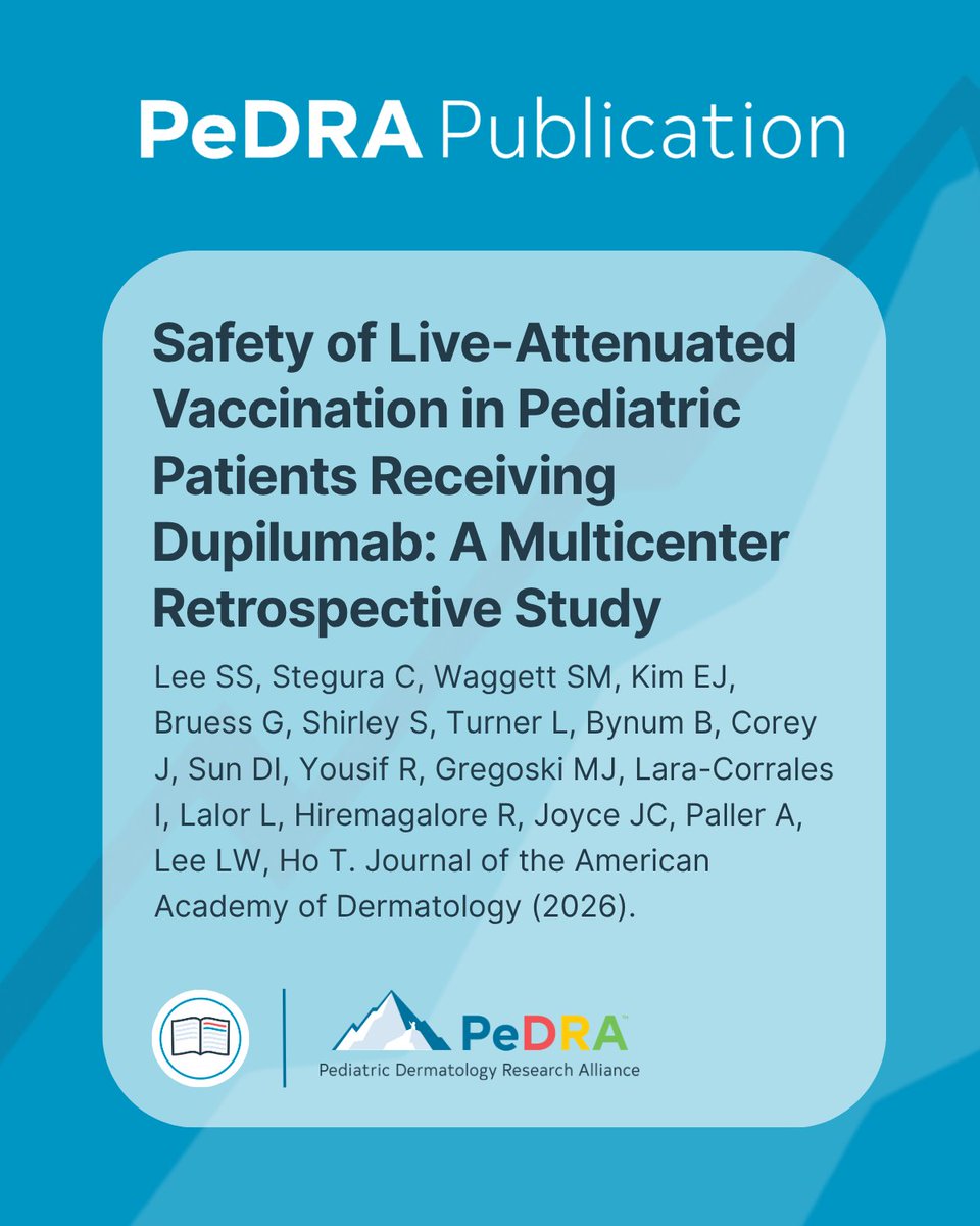 PeDRAResearch's tweet photo. 📚 New research from PeDRA investigators examines the safety of live-attenuated vaccines in pediatric patients receiving #dupilumab: https://t.co/6eNAJDiXAE

#PeDRA #pedraresearch #pedsderm #pediatricdermatology #atopicdermatitis #eczema https://t.co/Fr3avsp6Po