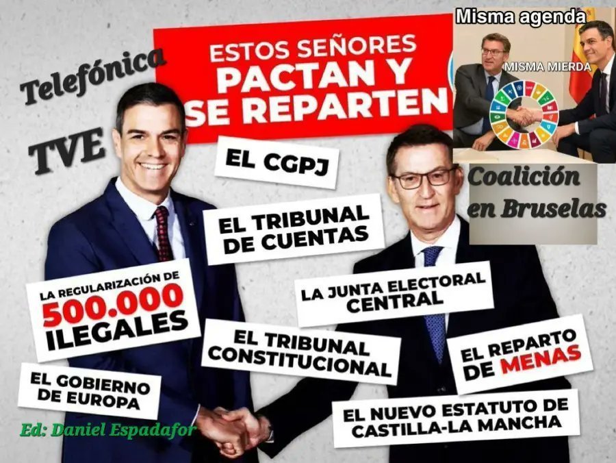 Dani_Espadafor3's tweet photo. El 90% de los Españoles rechazan al corrupto Pedro Sánchez. 
Poco a poco también a Feijóo. ¿Por qué? 

Porque son lo mismo y con la misma Jefa.

Europa despierta ante estos globalistas que imponían la vacuna experimental Pfizer. 

Quien no sigue sus ideales, es un fascista.🤦

El Mundo ve como caen poco a poco, Pedro Sánchez, su socio Feijóo y su jefa: Von der Leyen. 

Enhorabuena para Alemania 🇩🇪

https://t.co/cU42ZezKB4