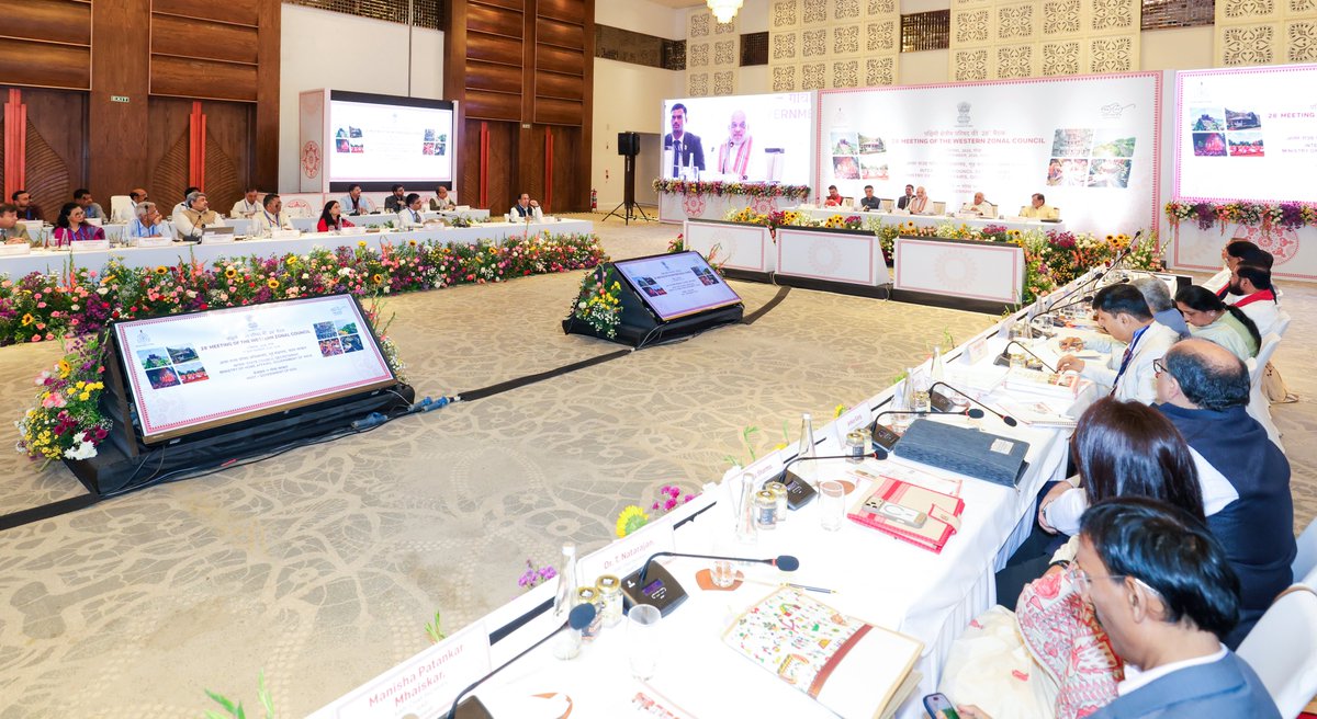 AmitShah's tweet photo. Chaired the 28th Meeting of the Western Zonal Council in Panaji, Goa, today. The Western Zonal Council has resolved all outstanding issues among its constituent states, realising Modi Ji's vision of turning the zonal councils into a forum for resolution and welfare.

Asked the chief ministers to frame agendas to strengthen coastal security and the mission for a drug-free India, while assuming a leading role in the implementation of the Naveen Nyaya Sanhitas.