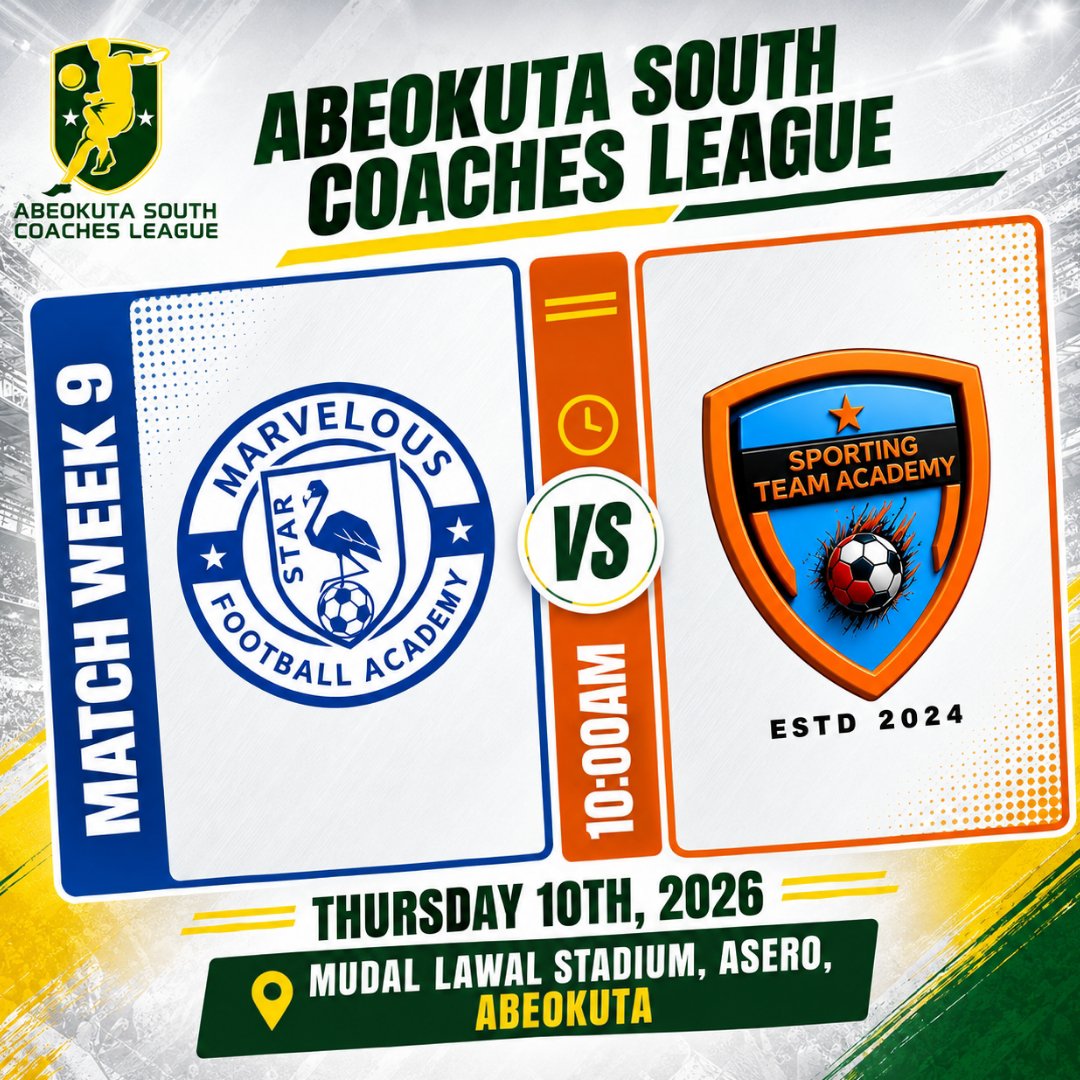 AbkSouthLeague1's tweet photo. MATCH WEEK 9 THURSDAY FIXTURE:

MARVELOUS STAR FA Vs SPORTING TA: 10:00AM

Match Preview: 5th Vs 9th

Defending champions Marvelous S. FA 5th on the log with 1 win in last 6 match will face Sporting TA 9th on the log with 1 win in 6 matches.

#ASCL26 #Grassrootfootball https://t.co/HwARDQp4Ag