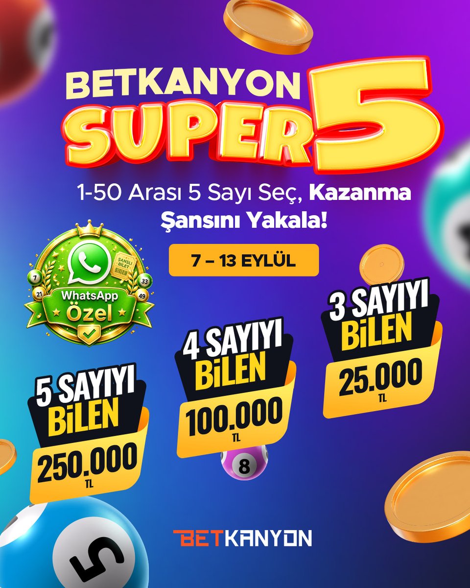 BKanyonResmi's tweet photo. SUPER 5 WHATSAPP'TA BAŞLADI! 🤩

💸 7-13 Eylül tarihlerinde minimum 1000₺ yatırımını yap,
👉 1-50 sayıları arasından 5 sayı seç, kazanma şansı yakala!

📌 WhatsApp kanalı takipçilerinin katılım hakkı vardır. 

👉 Katılmak için kanalı takip et: https://t.co/YLBp2eMIWL

#Bkanyon https://t.co/yIxZQ91WdQ