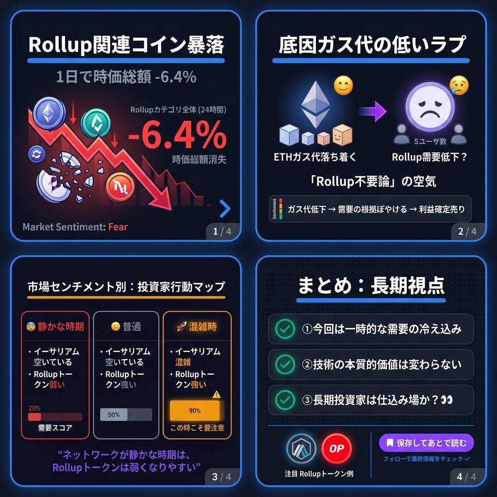 tsk3284's tweet photo. Rollup関連のコインが、たった1日で時価総額6.4%も消えました。

Rollupカテゴリ全体が24時間でマイナス6.4%。
簡単に言うと、イーサリアムの「混雑を解消する技術」として注目されてきたプロジェクト群が、まとめて売られた状況です。

なぜ今これが起きているのか。
最近イーサリアム本体のガス代（手数料）が落ち着いてきたことで、「Rollupを使わなくても大丈夫じゃない？」という空気が出始めています。
つまり、需要の根拠がぼやけてきたタイミングで、利益確定の売りが重なった可能性が高いです。

これが気になる方へ正直に言うと、Rollup系のトークンは「イーサリアムが混雑するほど価値が上がる」という構造なので、ネットワークが静かな時期は弱くなりやすいんです。

個人的な見解として、これは「Rollupが終わった」というよりも「一時的な需要の冷え込み」に見えます。
技術としての本質的な価値は変わっていないので、長期で見ている方には仕込みのタイミングを考える局面かもしれません 👀

あなたはRollup系のプロジェクト、何か持っていますか？

#仮想通貨 #Web3
