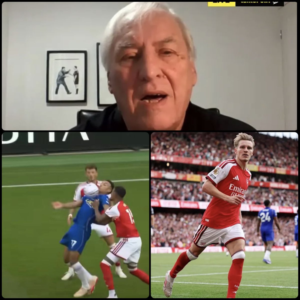 Arsenalnewschan's tweet photo. 🗣️Former Premier League referee Keith Hackett does NOT think Martin Ødegaard’s winner for #Arsenal’s vs Chelsea should have stood: “Common sense says that it's got to be a free-kick (Konsa on Rogers). Are we watching rugby? Or are we watching football?

"The Arsenal player has wrapped him brought him around. The body movement is unnatural. It's a spinning motion and you can't fake that in that situation. For me, that's a fairly straight-forward simple free-kick.

"I think what Kavanagh was trying to do was, when we talk about that boiling kettle, I think he was quite happy to raise his tolerance levels, understanding it was a local derby."