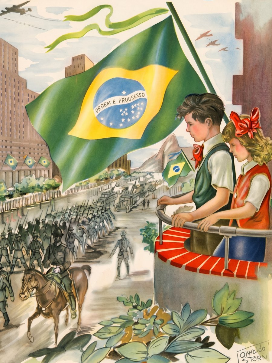 SaoPauloAntiga's tweet photo. 7 de Setembro 2026
204 anos da Independência do Brasil 🇧🇷 

Para ilustrar essa importante data da soberania nacional, compartilho a arte “O Patriotismo às Crianças”, obra do importante ilustrador e cartunista brasileiro Oswaldo Storni.

Nascido em 1911, foi um dos grandes colaboradores da revista O Tico-Tico onde criou uma série de personagens como George Spot, Maria, Miquinha e também foi responsável por quadrinizar Tarzan.

A imagem aludida no post de hoje foi publicada na mesma Tico-Tico, no ano de 1943.
