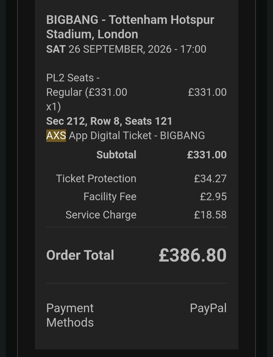 doyoungyu's tweet photo. WTS BIGBANG LONDON Tottenham Hotspur Stadium ticket - 26/9 

- Face Value + willing to negotiate 
- active listings on AXS &amp; StubHub, but they are way overcharging on fees and i want it to go for face value (or below)
- happy to use PayPal F&amp;F or G&amp;S 

#BIGBANG #BIGBANGLONDON https://t.co/JsJA2vpvHi