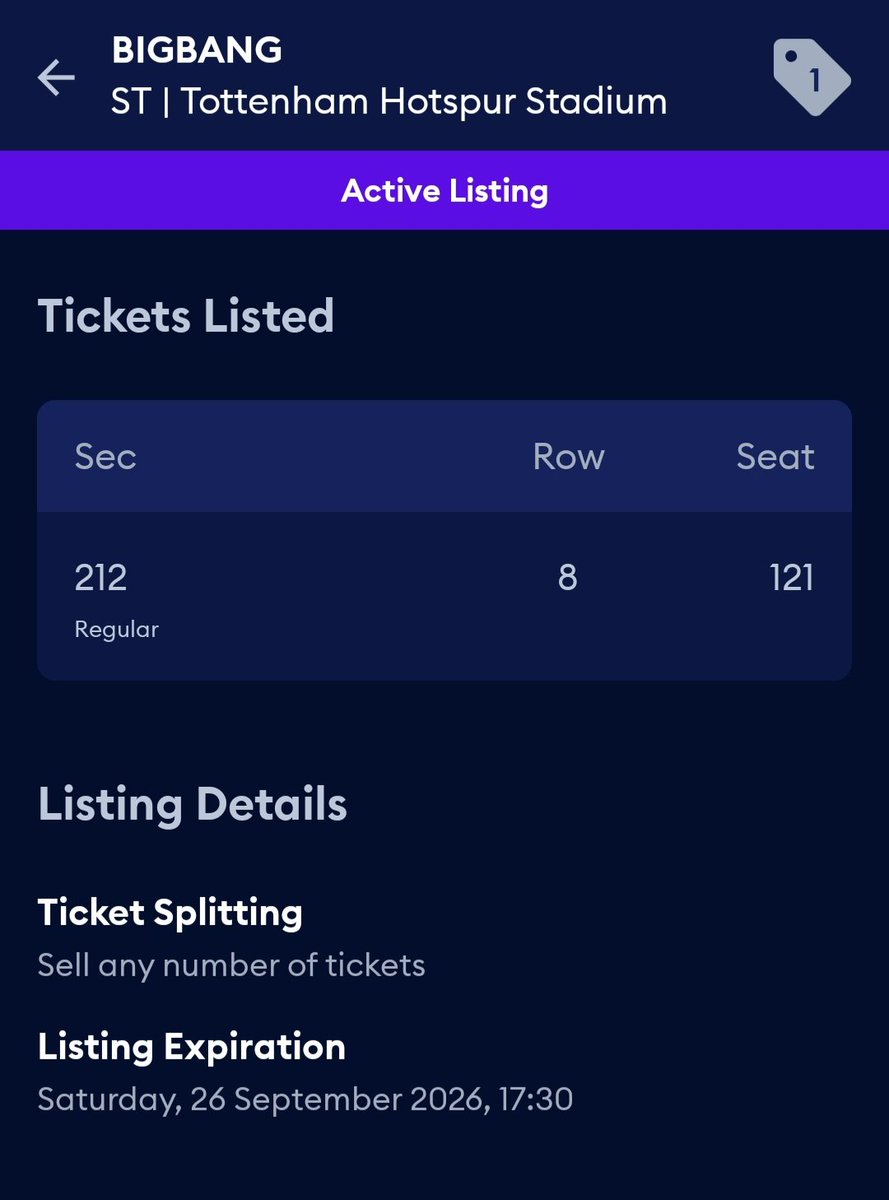 doyoungyu's tweet photo. WTS BIGBANG LONDON Tottenham Hotspur Stadium ticket - 26/9 

- Face Value + willing to negotiate 
- active listings on AXS &amp; StubHub, but they are way overcharging on fees and i want it to go for face value (or below)
- happy to use PayPal F&amp;F or G&amp;S 

#BIGBANG #BIGBANGLONDON https://t.co/JsJA2vpvHi